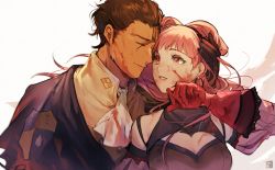 Rule 34 | 1boy, 1girl, blood, blood on face, blood on clothes, brown hair, claude von riegan, closed mouth, dark skin, dark-skinned male, earrings, closed eyes, fire emblem, fire emblem: three houses, gloves, highres, hilda valentine goneril, jewelry, long hair, long sleeves, manly, matching hair/eyes, nintendo, parted lips, pink eyes, pink hair, red gloves, short hair, simple background, upper body, velahka, white background
