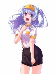 Rule 34 | 1girl, :d, absurdres, bang dream!, black skirt, blue hair, check commentary, collared shirt, commentary request, cowboy shot, employee uniform, fast food uniform, green ribbon, hand on own chest, highres, long hair, looking at viewer, matsubara kanon, one side up, open mouth, persimmon2, purple eyes, ribbon, shirt, short sleeves, sidelocks, simple background, skirt, skirt tug, smile, solo, standing, uniform, visor cap, white background, white shirt, wing collar