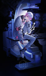 Rule 34 | 1boy, absurdres, bandages, bandaid, black nails, blood, blue eyes, brain, callarinc, chair, doctor, eyepatch, full body, gradient hair, highres, jacket, looking at viewer, multicolored hair, nails, pink blood, pink hair, scissors, shoes, short hair, sitting, smile, sneakers, technology, white hair, x-ray