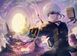 Rule 34 | 1boy, black blindfold, black coat, blindfold, coat, covered eyes, gloves, grey gloves, highres, lira mist, long sleeves, male focus, nier:automata, nier (series), outdoors, parted lips, pod (nier:automata), short hair, solo, standing, upper body, white hair, 9s (nier:automata)