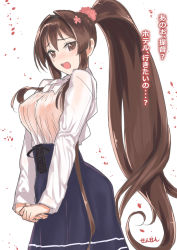 Rule 34 | 10s, 1girl, :d, artist name, blush, breasts, brown eyes, brown hair, covered erect nipples, dress, high ponytail, kantai collection, long hair, looking at viewer, medium breasts, meme attire, no bra, open mouth, sensen, simple background, smile, solo, translated, very long hair, virgin killer outfit, yamato (kancolle)