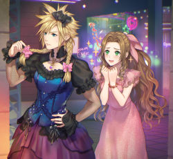 Rule 34 | 1boy, 1girl, aerith gainsborough, aerith gainsborough (basic pink dress), blue eyes, blush, bow, braid, cloud strife, crossdressing, dress, final fantasy, final fantasy vii, final fantasy vii remake, frilled dress, frilled sleeves, frills, green eyes, hair bow, looking at another, ohse, pink dress, smile, sparkle, spiked hair, square enix, twin braids, wall market, wavy hair