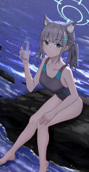 Rule 34 | 1girl, absurdres, animal ear fluff, animal ears, black one-piece swimsuit, blue archive, blue eyes, bottle, breasts, butaikun, chinese commentary, commentary request, competition swimsuit, covered navel, cross hair ornament, extra ears, feet out of frame, grey hair, hair ornament, halo, highres, holding, holding bottle, low ponytail, medium breasts, medium hair, mismatched pupils, multicolored clothes, multicolored swimsuit, official alternate costume, one-piece swimsuit, rock, shiroko (blue archive), shiroko (swimsuit) (blue archive), sitting, soaking feet, solo, swimsuit, water, wolf ears