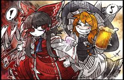 Rule 34 | !, +++, 2girls, @ @, apron, ascot, beer mug, black border, black hair, blonde hair, blunt bangs, border, bow, bowtie, clenched hand, closed eyes, cup, drunk, eyebrows, froth, gohei, gradient background, grin, hair bow, hair tubes, hakurei reimu, hat, hat bow, kirisame marisa, mug, multiple girls, musical note, quaver, red bow, red eyes, smile, spoken exclamation mark, spoken musical note, suenari (peace), torn clothes, torn hair ribbon, touhou, waist apron, wide sleeves, witch hat