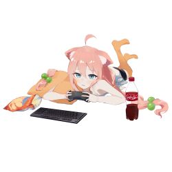Rule 34 | 1girl, absurdres, ahoge, animal ear fluff, animal ears, bare arms, bare shoulders, black shorts, blue eyes, cat ears, chips (food), coca-cola, commentary request, controller, dot nose, double-parted bangs, feet up, food, furrowed brow, game controller, hair between eyes, hair over shoulder, highres, hinata channel, holding, holding controller, holding game controller, keyboard (computer), kurobeko (kur0bek0), light blush, long hair, low twintails, lying, nekomiya hinata, on stomach, orange thighhighs, parted lips, pillow, pink hair, potato chips, raised eyebrows, shirt, shorts, side-tie shirt, sidelocks, simple background, sleeveless, sleeveless shirt, soda bottle, solo, the pose, thick eyelashes, thighhighs, twintails, v-shaped eyebrows, very long hair, virtual youtuber, white background, white shirt