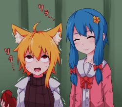 Rule 34 | 2girls, ahoge, alternate costume, anger vein, animal ear fluff, animal ears, asymmetrical hair, blonde hair, blue hair, bow, bowl, breasts, brown sweater, closed eyes, closed mouth, coat, commentary request, cookie (touhou), fang, flower, fox ears, fox girl, hair bow, hair flower, hair ornament, highres, lab coat, long hair, medium hair, miramikaru miran, miramikaru riran, multiple girls, open mouth, pink sweater, red bow, red eyes, rice bowl, rolling eyes, sidelocks, small breasts, smile, sweater, trembling, upper body, white coat, yan pai