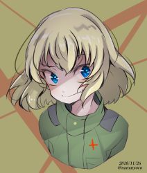 Rule 34 | 1girl, blonde hair, blue eyes, cropped torso, dated, fang, girls und panzer, green jumpsuit, highres, jumpsuit, katyusha (girls und panzer), namatyoco, one-hour drawing challenge, short hair, smile, solo, twitter username