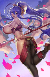 Rule 34 | 1girl, :d, ankle strap, antenna hair, ass, back, backless outfit, bare shoulders, black pants, blazblue, blazblue: central fiction, blazblue variable heart, boots, bow, breasts, butt crack, cloud, commentary, covered erect nipples, duplicate, elbow gloves, english commentary, eu03, falling petals, fingerless gloves, from behind, genderswap, genderswap (mtf), gloves, hair between eyes, hair ribbon, halterneck, high ponytail, hip vent, holding, holding lance, holding polearm, holding weapon, huge breasts, lance, long hair, looking at viewer, looking back, lowleg, lowleg pants, mai natsume, open mouth, outseal, pants, petals, polearm, ponytail, purple hair, red eyes, red gloves, revealing clothes, ribbon, sideboob, sidelocks, sky, smile, solo, spear, very long hair, weapon, yellow bow, yellow ribbon