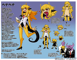 Rule 34 | 1boy, androgynous, antennae, bad id, bad pixiv id, blonde hair, bulge, character name, character sheet, claws, crossdressing, erection, erection under clothes, fangs, full body, fur, heart, high heels, long hair, long tongue, male focus, matsuda yuusuke, monster boy, necktie, nipples, nude, open mouth, penapena, penis, red eyes, salon pixiv, sharp teeth, shoes, smile, tail, teeth, tongue, tongue out, trap