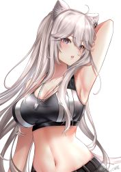 Rule 34 | 1girl, absurdres, ahoge, animal ears, arm up, armpits, breasts, dog tags, grey eyes, grey hair, highres, hololive, large breasts, lion ears, long hair, midriff, navel, nyctea snow, official alternate costume, shishiro botan, shishiro botan (button-down), signature, solo, sports bra, upper body, very long hair, virtual youtuber, white background