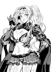 Rule 34 | 1girl, :p, absurdres, armor, belt, bikini armor, blush, braid, breasts, cameltoe, cleavage, frills, gauntlets, gggg, granblue fantasy, greyscale, hairband, hand on own hip, highres, long hair, looking at viewer, midriff, miniskirt, monochrome, navel, pauldrons, pussy, pussy peek, shoulder armor, simple background, skirt, smile, solo, tongue, tongue out, turtleneck, twintails, white background, zeta (granblue fantasy)