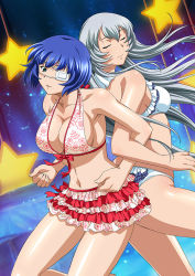 Rule 34 | 2girls, back-to-back, bare arms, bare legs, bikini, blue hair, bow, breasts, chouun shiryuu, closed eyes, closed mouth, collarbone, eyepatch, facing viewer, floating hair, frilled bikini, frills, front-tie bikini top, front-tie top, green eyes, grey hair, halterneck, ikkitousen, kan&#039;u unchou, large breasts, locked arms, long hair, medium breasts, mole, mole under mouth, multiple girls, navel, parted lips, red bow, shiny skin, short hair, sideboob, smile, straight hair, swimsuit, very long hair, white bikini