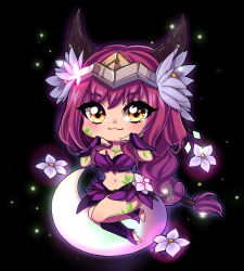 Rule 34 | 1girl, :3, absurdres, ahri (league of legends), alternate costume, black background, braid, braided ponytail, breasts, bug, butterfly, chibi, cleavage, clip studio paint (medium), closed mouth, commentary request, drawing, facial mark, firefly, flower, fox girl, full body, glowing, hair flower, hair ornament, highres, horns, insect, league of legends, leg up, long hair, looking at viewer, maiulive, multicolored hair, navel, pink hair, purple hair, signature, solo, sparkle, thick eyebrows, thick eyelashes, thighs, two-tone hair, whisker markings, wrist cuffs, yellow eyes