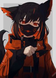 Rule 34 | 1girl, animal ears, black hair, colored inner hair, earrings, extra ears, fox ears, fox tail, hair between eyes, high collar, highres, jacket, jewelry, looking at viewer, mask, mouth mask, multicolored hair, nagishiro mito, original, paw pose, short hair, simple background, solo, tail, two-tone background, upper body