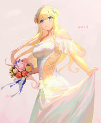 Rule 34 | 1girl, 9-ga, bare shoulders, blonde hair, bouquet, breasts, cleavage, collarbone, cowboy shot, dated, double bun, dress, fletcher (kancolle), flower, hair bun, hair ornament, hairband, highres, holding, holding bouquet, kantai collection, large breasts, long hair, off shoulder, pink background, purple eyes, smile, solo, star (symbol), white dress