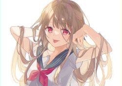 Rule 34 | 1girl, black sailor collar, blush, brown hair, closed mouth, commentary request, hands in hair, hands up, highres, long hair, looking at viewer, multicolored hair, neckerchief, omutatsu, original, red eyes, red hair, red neckerchief, sailor collar, school uniform, serafuku, shirt, short sleeves, simple background, solo, streaked hair, tongue, tongue out, upper body, very long hair, white background, white shirt