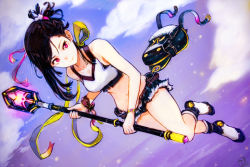 Rule 34 | 1girl, bag, belt, black hair, black panties, boots, breasts, cleavage, cutoffs, dated, dutch angle, full body, hair ribbon, highres, holding, holding staff, long hair, looking at viewer, medium breasts, midriff, okuto, original, panties, red eyes, ribbon, shorts, signature, sky, smile, solo, staff, tank top, underwear