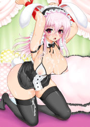 Rule 34 | 1girl, animal ears, arms up, bdsm, black thighhighs, blush, bondage, bound, bra, breasts, bukkake, bursting breasts, cleavage, covered erect nipples, cum, cum on body, cum on breasts, cum on hair, cum on legs, cum on upper body, fake animal ears, female focus, highres, joan manuel, large breasts, looking at viewer, maid, maid headdress, nipples, nitroplus, pillow, pink hair, rabbit ears, rabbit girl, rabbit tail, red eyes, see-through, socks, solo, super sonico, sweat, tail, thighhighs, underwear