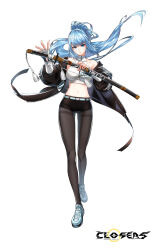 Rule 34 | 1girl, bare shoulders, belt, black jacket, black shorts, blue eyes, blue hair, breasts, brown pantyhose, closers, collarbone, crop top, elbow gloves, fingerless gloves, floating hair, full body, gloves, highres, holding, holding sword, holding weapon, jacket, katana, large breasts, long hair, looking at viewer, micro shorts, midriff, nail polish, navel, non-web source, off shoulder, official art, open clothes, open jacket, pantyhose, ponytail, sheath, sheathed, shirt, shoes, shorts, sleeveless, sleeveless shirt, sleeveless turtleneck, solo, standing, stomach, sword, tassel, thighband pantyhose, turtleneck, v-shaped eyebrows, very long hair, violet (closers), weapon, white gloves, white shirt