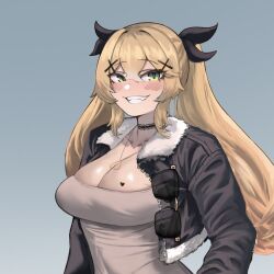 Rule 34 | 1girl, black jacket, black ribbon, blonde hair, breasts, brown shirt, choker, cleavage, cropped jacket, dokibird (vtuber), fur trim, green eyes, grey background, heart, highres, hikamio, indie virtual youtuber, jacket, jewelry, large breasts, long sleeves, looking at viewer, necklace, open clothes, open jacket, ribbon, shirt, simple background, smile, solo, teeth, tight clothes, tight shirt, twintails, upper body, virtual youtuber, zipper
