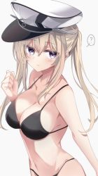Rule 34 | 1girl, ?, bikini, black bikini, blonde hair, breasts, cleavage, clenched hand, fathom, graf zeppelin (kancolle), grey background, hair between eyes, hat, highres, kantai collection, large breasts, long hair, peaked cap, purple eyes, sidelocks, simple background, smile, solo, spoken question mark, swimsuit, twintails