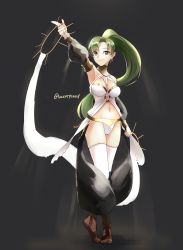Rule 34 | 1girl, absurdres, bare shoulders, breasts, cosplay, fire emblem, fire emblem: the blazing blade, fire emblem awakening, fire emblem heroes, green eyes, green hair, hair ornament, hairband, high ponytail, highres, jewelry, long hair, looking at viewer, lyn (fire emblem), medium breasts, midriff, navel, nintendo, olivia (fire emblem), olivia (fire emblem) (cosplay), ponytail, simple background, skeptycally, smile, solo, standing