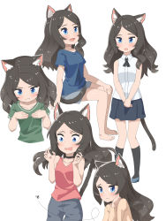 Rule 34 | 1girl, :d, :i, absurdres, aina (mao lian), animal ear fluff, animal ears, bare legs, barefoot, black collar, black legwear, blue eyes, blue shirt, blush, breast conscious, brown hair, bug, cat ears, cat tail, closed mouth, collar, collarbone, cowboy shot, fly, green shirt, grey footwear, grey skirt, highres, insect, invisible chair, long hair, looking at viewer, mao lian (nekokao), miniskirt, multiple views, open mouth, original, pigeon-toed, pout, shirt, shoes, short sleeves, simple background, sitting, skirt, smile, socks, tail, tail raised, white background, white shirt, wide-eyed