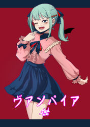 Rule 34 | 1girl, bandaid, commentary, cowboy shot, esoul, fang, hair ornament, hatsune miku, heart, heart hair ornament, highres, jewelry, letterboxed, long hair, long sleeves, looking at viewer, mask, mask pull, mouth mask, open mouth, red background, shirt, simple background, skirt, smile, solo, song name, standing, twintails, vampire (vocaloid), vocaloid