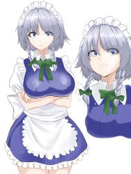 Rule 34 | 1girl, apron, artist request, blue dress, blue eyes, blush, bow, braid, breasts, collared shirt, crossed arms, dress, eyes visible through hair, female focus, frilled apron, frilled dress, frills, green bow, hair bow, hair ornament, highres, izayoi sakuya, large breasts, looking at viewer, maid, maid headdress, multiple views, puffy short sleeves, puffy sleeves, shirt, short hair, short sleeves, silver hair, simple background, smile, touhou, twin braids, upper body, white background, white shirt