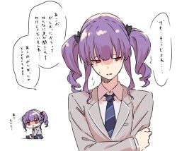 Rule 34 | 1girl, bang dream!, blue skirt, chibi, collared shirt, commentary request, diagonal-striped clothes, diagonal-striped necktie, drill hair, grey jacket, haneoka school uniform, highres, jacket, jitome, long sleeves, medium hair, necktie, parted lips, purple hair, red eyes, school uniform, shirt, simple background, skirt, sou (kanade 3344), speech bubble, striped clothes, sweatdrop, translation request, twin drills, udagawa ako, upper body, white background, white shirt