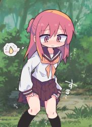 Rule 34 | 1girl, black socks, blush, brown sailor collar, brown skirt, bush, clothes lift, day, embarrassed, english text, female focus, flat chest, grass, green background, have to pee, highres, japanese text, lifting own clothes, long hair, long sleeves, matching hair/eyes, miniskirt, neckerchief, nose blush, one side up, orange neckerchief, original, outdoors, panties, panty pull, pleated skirt, pulling own clothes, red eyes, red hair, sailor collar, school uniform, serafuku, shirt, sidelocks, skirt, skirt lift, socks, solo, sweat, thought bubble, translated, tree, trembling, underwear, urine meter, white panties, white shirt, yunomimochi