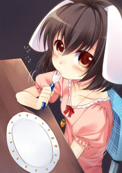 Rule 34 | 1girl, animal ears, bad id, bad pixiv id, black hair, blush, brown eyes, brown hair, rabbit ears, carrot, carrot necklace, chair, drooling, female focus, fork, inaba tewi, itou nanami, jewelry, looking up, necklace, plate, red eyes, saliva, short hair, sitting, solo, table, touhou