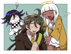 Rule 34 | 1girl, 2boys, ahoge, black hair, border, brown hair, brown jacket, checkered clothes, checkered neckwear, checkered scarf, clenched teeth, closed eyes, commentary request, crossed arms, danganronpa (series), danganronpa v3: killing harmony, dark-skinned male, dark skin, detached wings, furukawa (yomawari), glasses, gokuhara gonta, green background, green hair, green neckwear, halo, headpat, highres, jacket, long hair, long sleeves, low twintails, messy hair, multiple boys, necktie, open mouth, oma kokichi, own hands clasped, own hands together, purple hair, scarf, shell, shell bikini, skirt, smile, squiggle, teeth, twintails, white border, white hair, white jacket, white skirt, wings, yellow jacket, yonaga angie