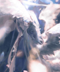 Rule 34 | 1boy, absurdres, angel, angel wings, chinese commentary, closed mouth, colored eyelashes, commentary request, eucalyptus-household, closed eyes, feathers, from behind, highres, light, long hair, lord of the mysteries, multiple wings, ouroboros (lord of the mysteries), robe, solo, sunlight, white robe, wings