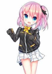 Rule 34 | 1girl, :o, black footwear, black gloves, black jacket, black ribbon, blue eyes, blush, bow, bowtie, closers, collared shirt, fang, fur-trimmed jacket, fur trim, gloves, hair between eyes, hair ribbon, head tilt, jacket, long hair, long sleeves, looking at viewer, one side up, open mouth, pink hair, pleated skirt, ribbon, seulbi lee, shirt, shoes, skirt, socks, solo, standing, standing on one leg, tengxiang lingnai, tsurime, white shirt, white skirt, white socks, yellow bow, yellow bowtie