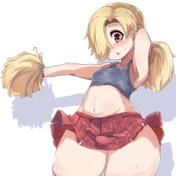 Rule 34 | absurdres, aki (sangetusei), armpits, blonde hair, blush, breasts, cheerleader, commentary, covered erect nipples, crop top, ear piercing, grey tank top, highres, idolmaster, idolmaster cinderella girls, navel, open mouth, piercing, pleated skirt, pom pom (cheerleading), red eyes, red skirt, shadow, shirasaka koume, short hair, simple background, skindentation, skirt, small breasts, sweat, tank top, thick thighs, thighhighs, thighs, tight clothes, translated, white thighhighs, wide hips