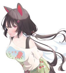 Rule 34 | 1girl, :d, animal ears, arm behind back, bare shoulders, black hair, blush, breasts, dog ears, dog girl, dog hair ornament, dog tail, fang, floral print, green skirt, hair between eyes, hair ornament, heterochromia, highres, inui toko, long hair, looking at viewer, low twintails, medium breasts, nijisanji, off shoulder, open mouth, pleated skirt, print skirt, red eyes, roido (taniko-t-1218), shirt, short sleeves, simple background, skirt, smile, solo, tail, twintails, very long hair, virtual youtuber, white background, white shirt, yellow eyes