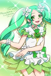 Rule 34 | 0417nao, 10s, 1girl, 2014, bad id, bad pixiv id, brooch, character name, cosplay, cure alto (0417nao), cure princess, cure princess (cosplay), cure princess (macadamia hula dance), dated, earrings, flower, frills, green eyes, green hair, green skirt, hair flower, hair ornament, happinesscharge precure!, heart, heart brooch, jewelry, long hair, magical girl, matching hair/eyes, original, precure, skirt, smile, solo, twintails, wrist cuffs