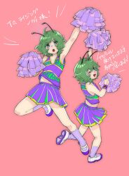 Rule 34 | 1girl, antennae, armpits, blush, bobotatamu, cheerleader, commentary request, commission, flat chest, full body, green eyes, green hair, highres, holding, holding pom poms, looking at viewer, mary janes, multiple views, one eye closed, open mouth, pleated skirt, pom pom (cheerleading), pom poms, purple shirt, purple skirt, purple socks, shirt, shoes, short hair, simple background, skeb commission, skirt, sleeveless, sleeveless shirt, smile, socks, touhou, translation request, white footwear, wriggle nightbug