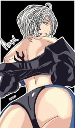 Rule 34 | 1girl, angel (kof), ass, blue eyes, darkuro 27, grey hair, hair over one eye, huge ass, jacket, jacket partially removed, looking at viewer, looking back, short hair, snk, solo, the king of fighters