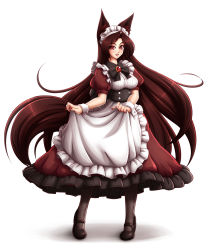 Rule 34 | 1girl, :d, alternate costume, animal ears, apron, black pantyhose, blush, breasts, brooch, corset, enmaided, fang, full body, high heels, highres, imaizumi kagerou, jewelry, large breasts, long hair, looking at viewer, maid, maid headdress, mary janes, mazume, open mouth, pantyhose, puffy short sleeves, puffy sleeves, shoes, short sleeves, simple background, smile, solo, tail, touhou, underbust, very long hair, waist apron, white apron, white background, wolf ears, wolf tail, wrist cuffs