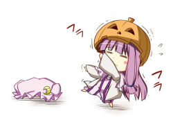 Rule 34 | 1girl, blush, closed eyes, female focus, full body, hat, jack-o&#039;-lantern, patchouli knowledge, pumpkin, purple hair, rioshi, solo, standing, ^^^, touhou, translation request, white background