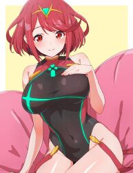Rule 34 | 1girl, black one-piece swimsuit, breasts, chest jewel, closed mouth, commentary request, covered navel, hand on own chest, headpiece, highres, kamidan, large breasts, looking at viewer, one-piece swimsuit, pyra (pro swimmer) (xenoblade), pyra (xenoblade), red eyes, red hair, short hair, simple background, smile, solo, swept bangs, swimsuit, thighs, xenoblade chronicles (series), xenoblade chronicles 2, yellow background