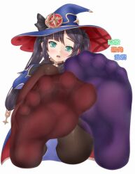 Rule 34 | 1girl, :o, aonagi ibane, black bow, black gloves, blue hat, blue leotard, blue sleeves, bow, brown pantyhose, earrings, feet, foot focus, foreshortening, full body, genshin impact, gloves, greek toe, green eyes, hair bow, hat, jewelry, leotard, long hair, looking at viewer, mona (genshin impact), multicolored pantyhose, no shoes, open mouth, pantyhose, purple hair, purple pantyhose, simple background, sitting, soles, solo, spread toes, toes, twintails, very long hair, white background, witch, witch hat