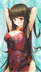 Rule 34 | 1girl, aduo, armpits, arms behind head, arms up, blue background, blush, breasts, brown hair, china dress, chinese clothes, cleavage, cleavage cutout, closed mouth, clothing cutout, dress, floral print, hands in hair, highres, large breasts, long hair, original, print dress, red dress, red eyes, side slit, sleeveless, sleeveless dress, smile, solo, standing, twitter username, very long hair, watermark