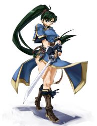 Rule 34 | 1girl, angry, belt, blue dress, boots, brown footwear, chinese clothes, dress, fighting stance, fingerless gloves, fire emblem, gloves, green eyes, green hair, highres, holding, holding sword, holding weapon, long hair, lyn (fire emblem), mani katti (fire emblem), nintendo, pelvic curtain, ponytail, shino (2919), short sleeves, side slit, simple background, solo, sword, thick thighs, thighs, weapon, white background