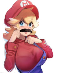 Rule 34 | 1girl, ahoge, blonde hair, blue eyes, blue overalls, blush, bra, bra visible through clothes, breasts, buttons, cabbie hat, clothes writing, cosplay, fake facial hair, fake mustache, hair between eyes, hair flaps, hand on own chest, hat, highres, large breasts, lipstick, long sleeves, looking at viewer, makeup, mario, mario (cosplay), mario (series), medium hair, nintendo, overalls, pink lips, princess peach, red hat, red shirt, shirt, sho-n-d, sidelocks, simple background, solo, super mario bros. 1, underwear, white background