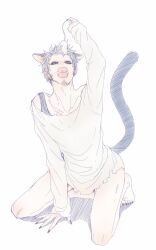 Rule 34 | 1boy, animal ears, black nails, bottomless, cat boy, cat ears, cat tail, cheese neko3, earrings, facial hair, finge, goatee, highres, jewelry, male focus, mouse (animal), one piece, open mouth, shirt, tail, teeth, trafalgar law, yellow eyes