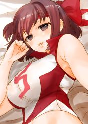 Rule 34 | 1girl, absurdres, breasts, brown eyes, brown hair, covered erect nipples, crop top, girls und panzer, headband, highres, impossible clothes, impossible shirt, kondou taeko, kutouten, large breasts, lying, on side, red headband, shirt, sleeveless, sleeveless shirt, smile, solo, upper body
