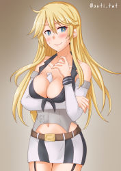 Rule 34 | 1girl, anti (untea9), blonde hair, blue eyes, breasts, brown background, detached sleeves, front-tie top, garter straps, gradient background, highres, iowa (kancolle), kantai collection, large breasts, miniskirt, navel, skirt, solo, star-shaped pupils, star (symbol), striped clothes, striped skirt, symbol-shaped pupils, thighhighs, twitter username, vertical-striped clothes, vertical-striped skirt
